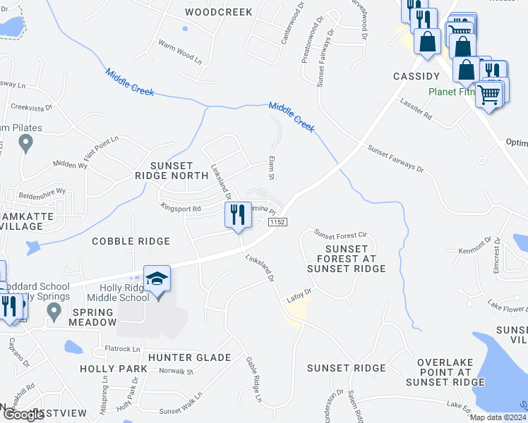map of restaurants, bars, coffee shops, grocery stores, and more near 160 Lumina Place in Holly Springs