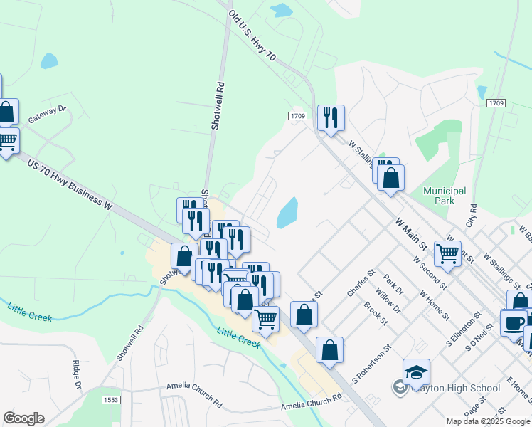 map of restaurants, bars, coffee shops, grocery stores, and more near 74 Enterprise Drive in Clayton