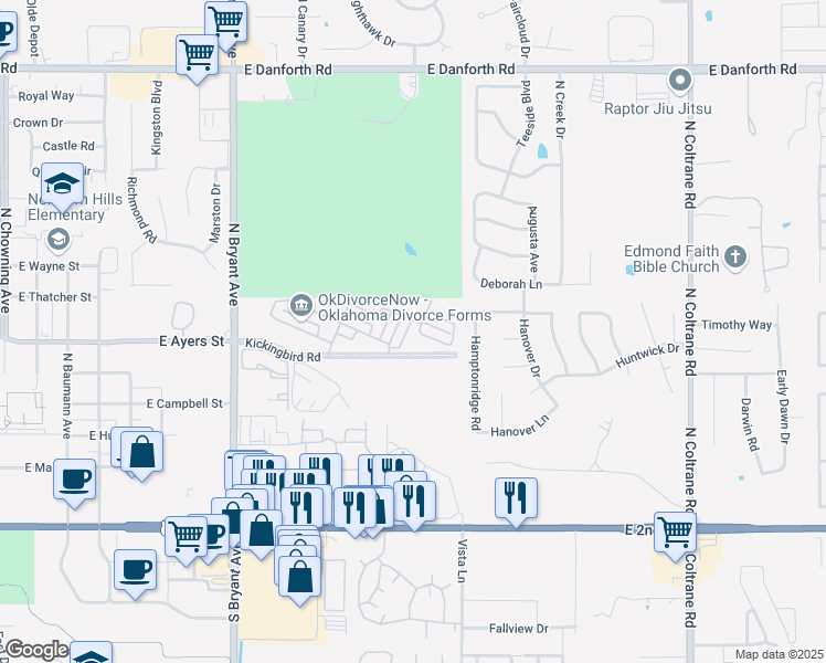 map of restaurants, bars, coffee shops, grocery stores, and more near 405 Sundance Lane in Edmond