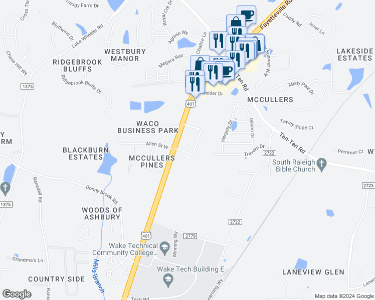 map of restaurants, bars, coffee shops, grocery stores, and more near 8420 Camellia Street in Raleigh
