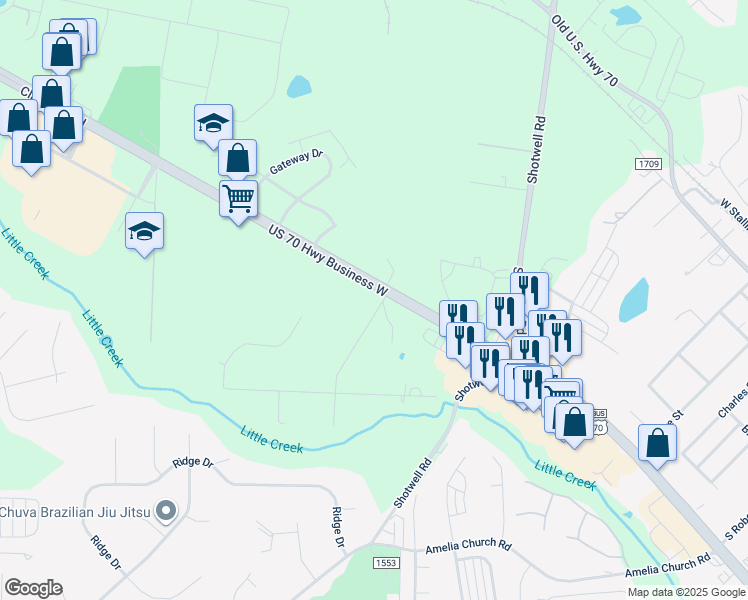 map of restaurants, bars, coffee shops, grocery stores, and more near 700 Fernwood Drive in Clayton