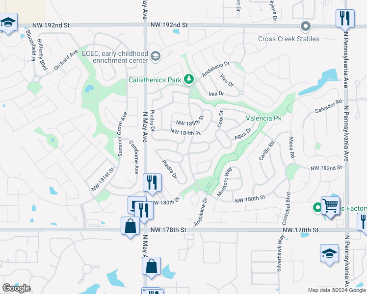 map of restaurants, bars, coffee shops, grocery stores, and more near 18504 Lazo Drive in Edmond