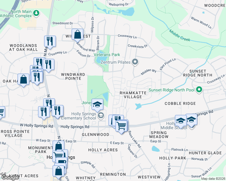 map of restaurants, bars, coffee shops, grocery stores, and more near 520 Skymont Drive in Holly Springs