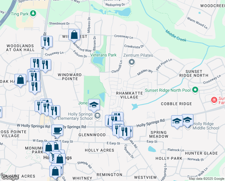map of restaurants, bars, coffee shops, grocery stores, and more near 113 Brush Hill Lane in Holly Springs