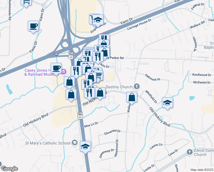 map of restaurants, bars, coffee shops, grocery stores, and more near 533 Old Hickory Boulevard in Jackson