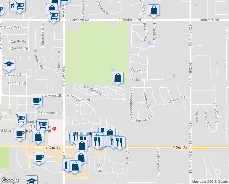 map of restaurants, bars, coffee shops, grocery stores, and more near 333 Sundance Lane in Edmond