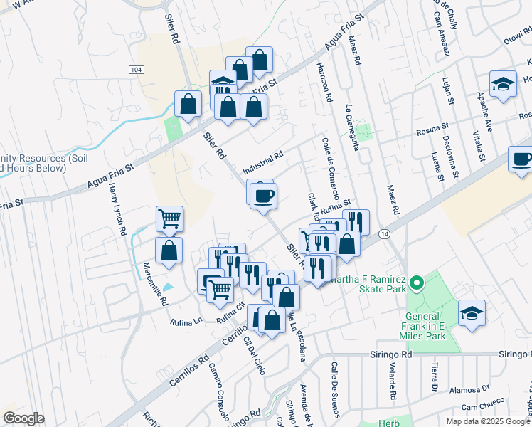 map of restaurants, bars, coffee shops, grocery stores, and more near 1222 Siler Road in Santa Fe