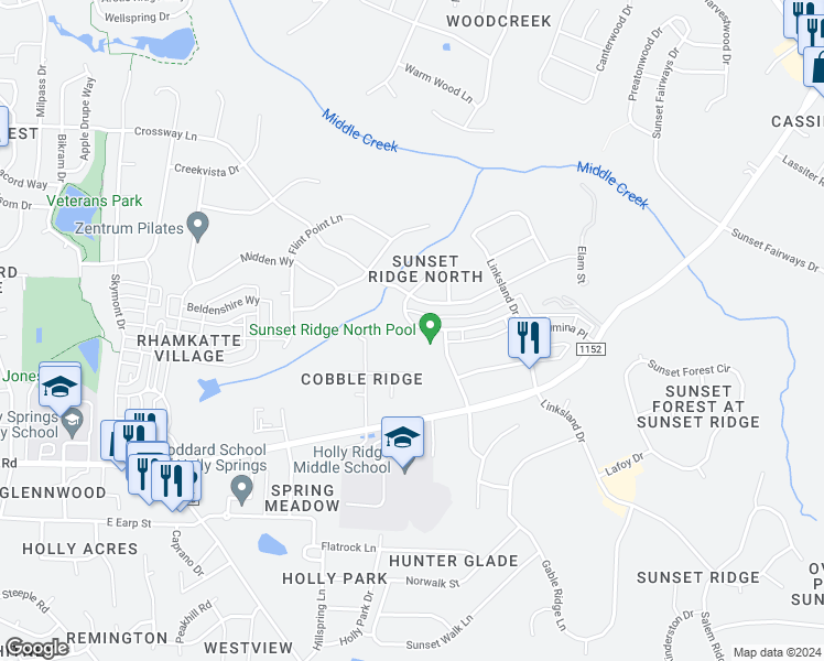 map of restaurants, bars, coffee shops, grocery stores, and more near 221 Kingsport Road in Holly Springs