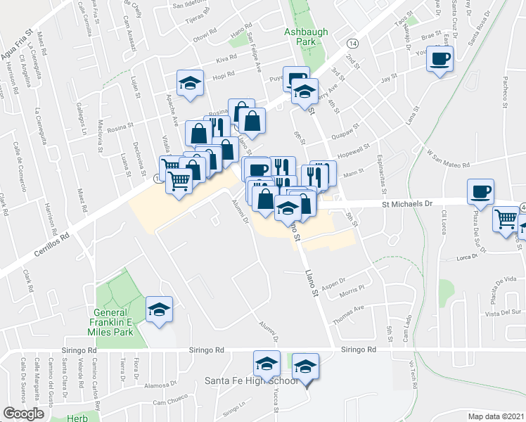 map of restaurants, bars, coffee shops, grocery stores, and more near 1698 Saint Michaels Drive in Santa Fe