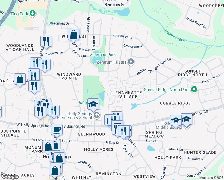 map of restaurants, bars, coffee shops, grocery stores, and more near 113 Brush Hill Lane in Holly Springs