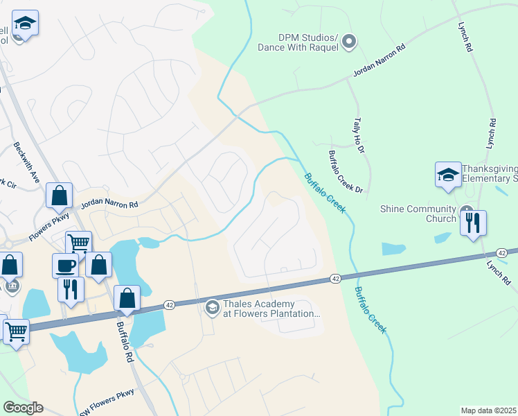 map of restaurants, bars, coffee shops, grocery stores, and more near 298 Mallard Loop Drive in Clayton