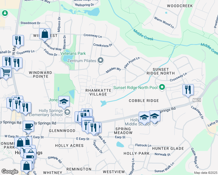 map of restaurants, bars, coffee shops, grocery stores, and more near 322 Masden Road in Holly Springs