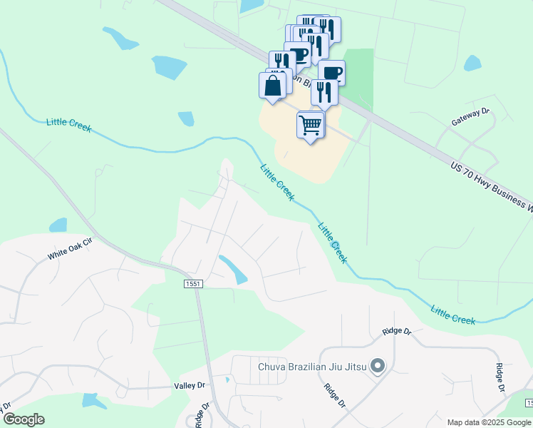 map of restaurants, bars, coffee shops, grocery stores, and more near 112 Windwood Court in Clayton