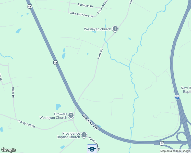 map of restaurants, bars, coffee shops, grocery stores, and more near 1498 Mack Road in Asheboro