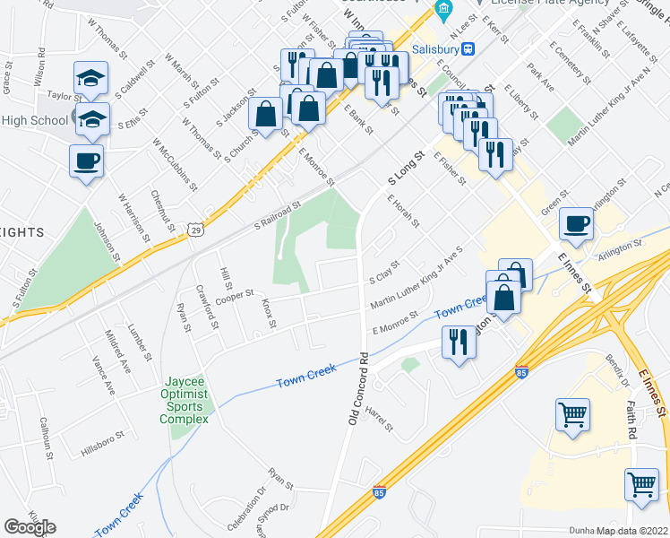 map of restaurants, bars, coffee shops, grocery stores, and more near 610 South Shaver Street in Salisbury