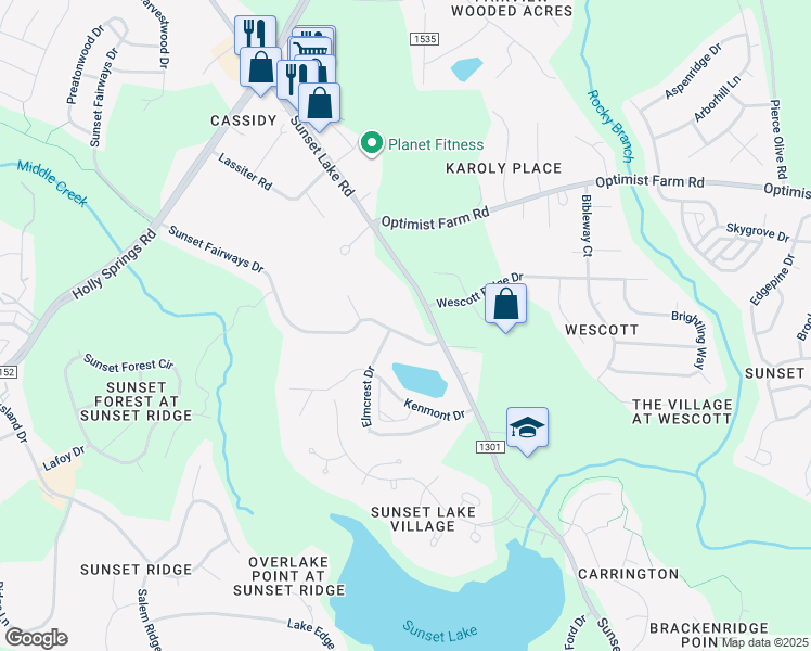 map of restaurants, bars, coffee shops, grocery stores, and more near 5205 Sunset Fairways Drive in Holly Springs
