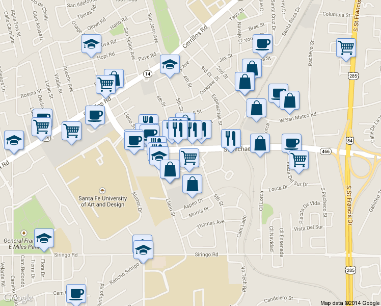 map of restaurants, bars, coffee shops, grocery stores, and more near 1851 Saint Michaels Drive in Santa Fe