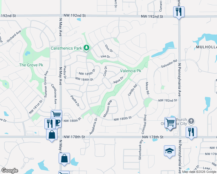 map of restaurants, bars, coffee shops, grocery stores, and more near 18305 Cola Drive in Edmond