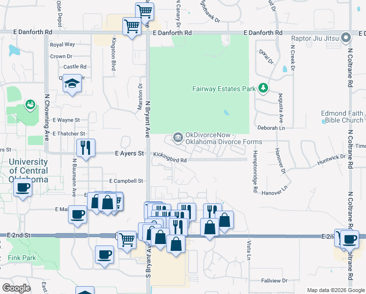 map of restaurants, bars, coffee shops, grocery stores, and more near 1700 Windhill Avenue in Edmond
