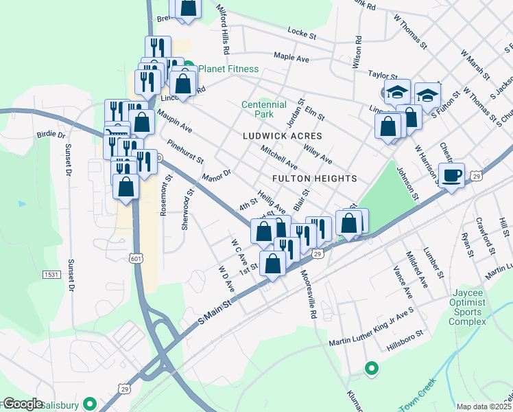 map of restaurants, bars, coffee shops, grocery stores, and more near 1612 4th Street in Salisbury