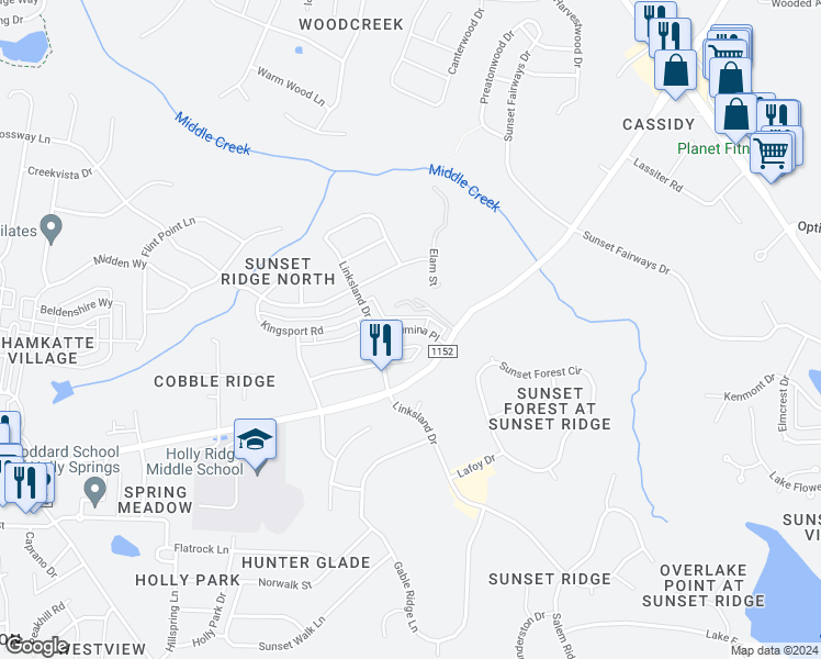 map of restaurants, bars, coffee shops, grocery stores, and more near 144 Lumina Place in Holly Springs