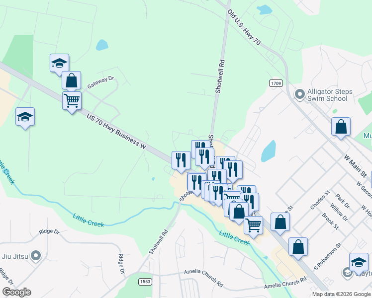 map of restaurants, bars, coffee shops, grocery stores, and more near 47 Stallings Mill Loop in Clayton