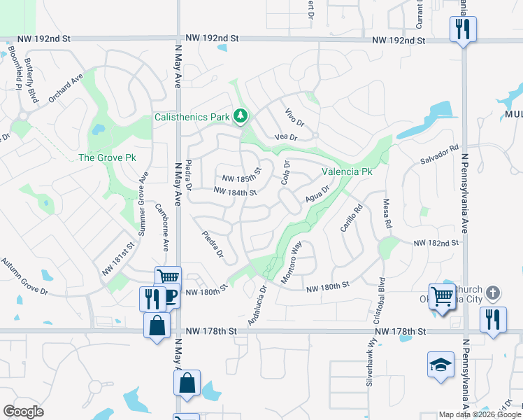 map of restaurants, bars, coffee shops, grocery stores, and more near 18429 Abierto Drive in Edmond
