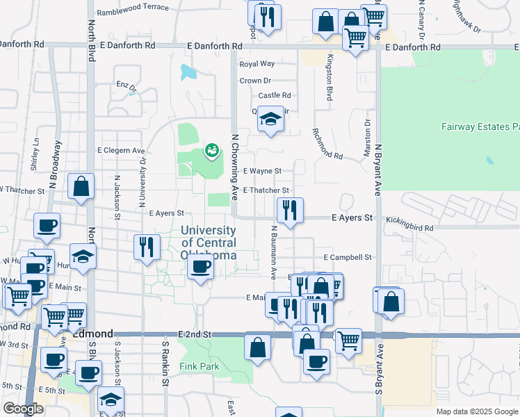 map of restaurants, bars, coffee shops, grocery stores, and more near 417 Chartrand Avenue in Edmond