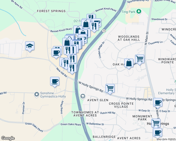 map of restaurants, bars, coffee shops, grocery stores, and more near 161 Sudano Court in Holly Springs
