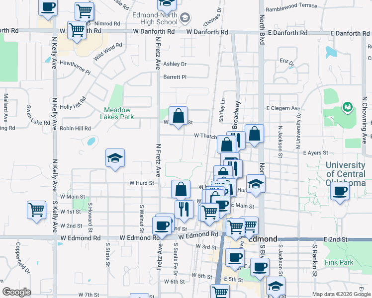map of restaurants, bars, coffee shops, grocery stores, and more near 416 Chalk Hill Court in Edmond
