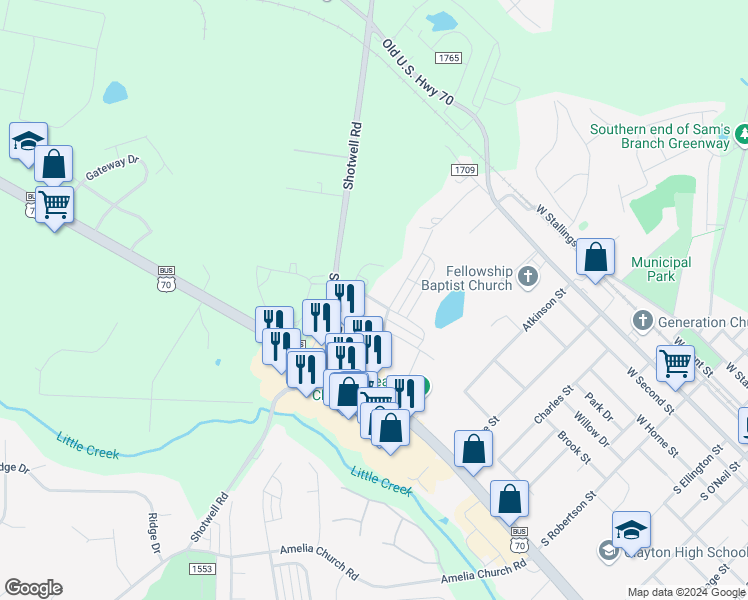 map of restaurants, bars, coffee shops, grocery stores, and more near 1127 Cameron Way in Clayton