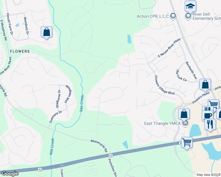 map of restaurants, bars, coffee shops, grocery stores, and more near 500 Rockport Drive in Clayton
