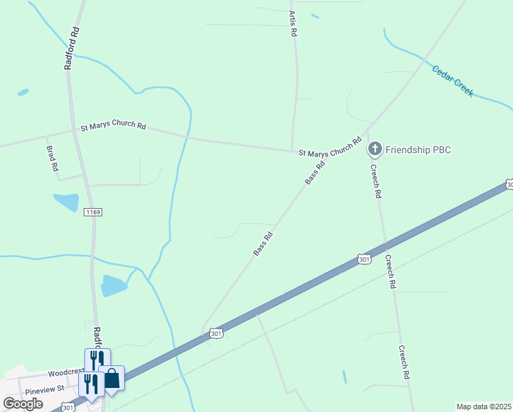map of restaurants, bars, coffee shops, grocery stores, and more near 5244 Bass Road in Lucama