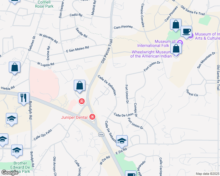 map of restaurants, bars, coffee shops, grocery stores, and more near 1817 Calle De Sebastian in Santa Fe