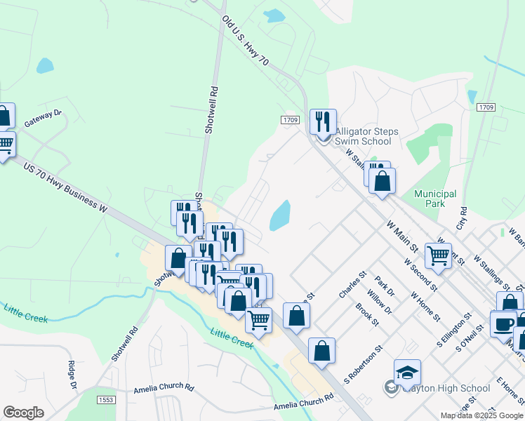 map of restaurants, bars, coffee shops, grocery stores, and more near 74 Enterprise Drive in Clayton