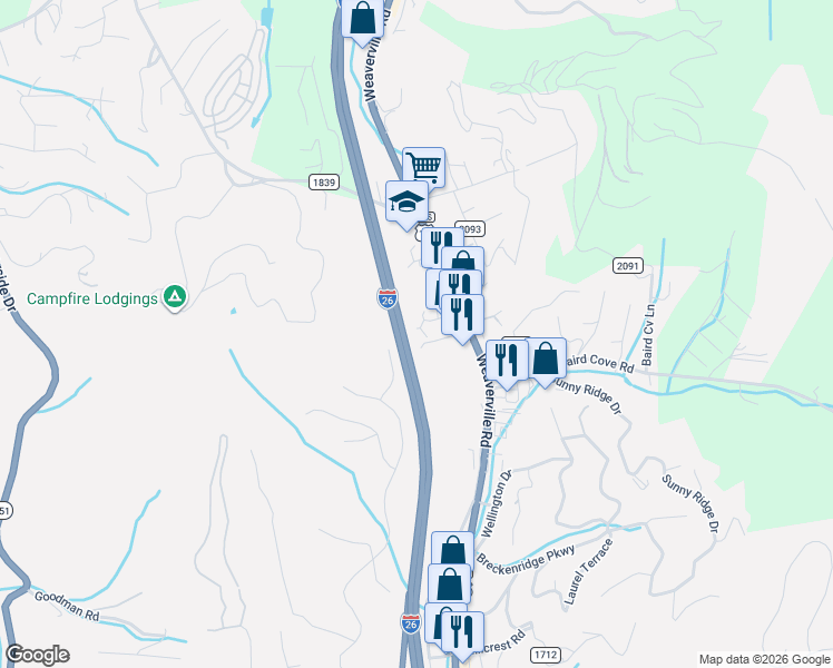 map of restaurants, bars, coffee shops, grocery stores, and more near 15 Villemagne Drive in Asheville
