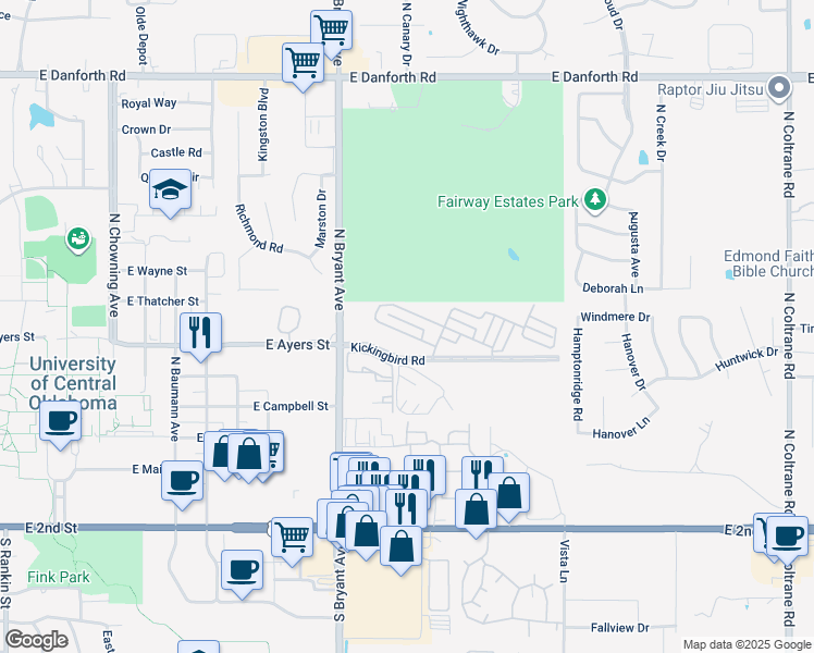 map of restaurants, bars, coffee shops, grocery stores, and more near 1700 Windhill Avenue in Edmond