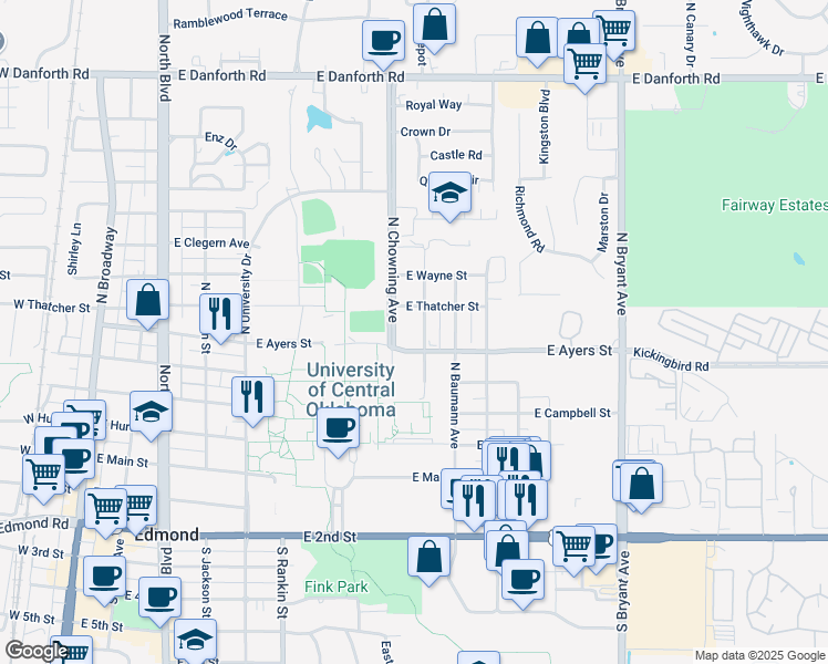 map of restaurants, bars, coffee shops, grocery stores, and more near 417 Chartrand Avenue in Edmond