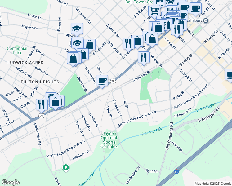 map of restaurants, bars, coffee shops, grocery stores, and more near 823 South Railroad Street in Salisbury