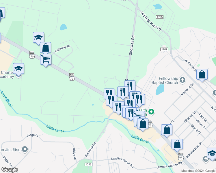 map of restaurants, bars, coffee shops, grocery stores, and more near 467 Stallings Mill Loop in Clayton