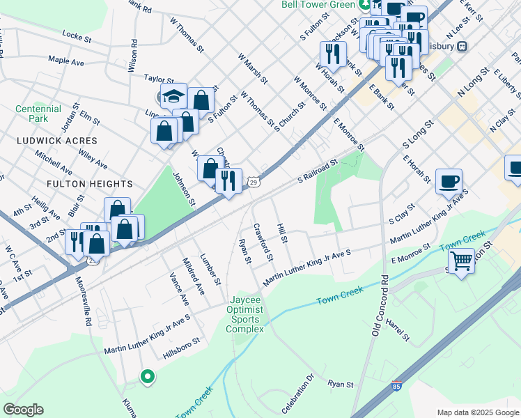 map of restaurants, bars, coffee shops, grocery stores, and more near 823 South Railroad Street in Salisbury