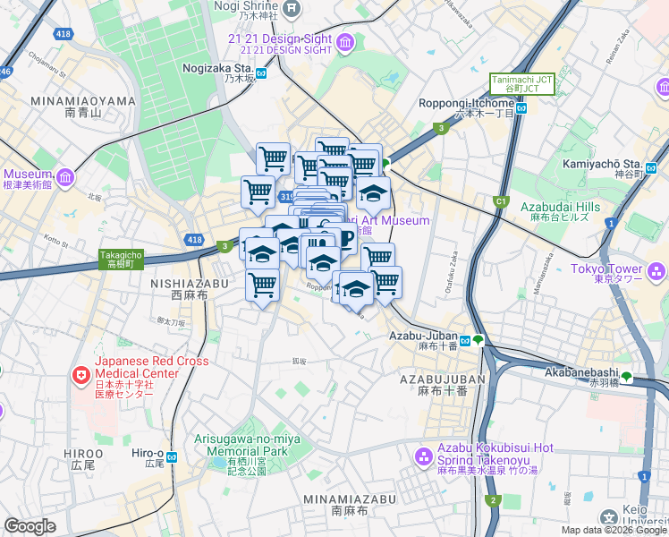 map of restaurants, bars, coffee shops, grocery stores, and more near Roppongi Keyakizaka Dori in Minato City