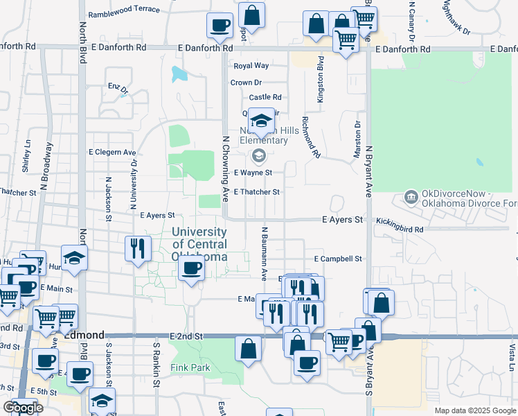 map of restaurants, bars, coffee shops, grocery stores, and more near 415 North Baumann Avenue in Edmond