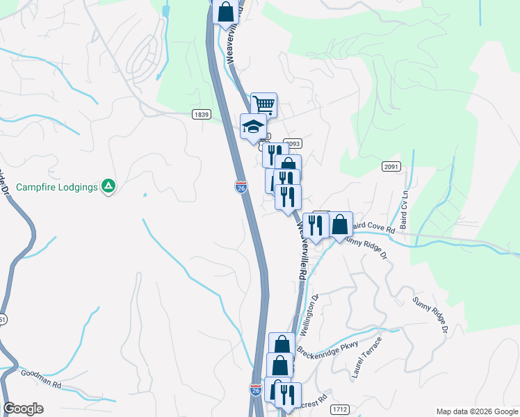 map of restaurants, bars, coffee shops, grocery stores, and more near 15 Villemagne Drive in Asheville