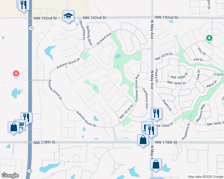 map of restaurants, bars, coffee shops, grocery stores, and more near 3017 Northwest 184th Terrace in Edmond