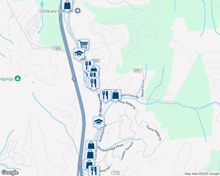 map of restaurants, bars, coffee shops, grocery stores, and more near 21 Lower Barton Road in Asheville