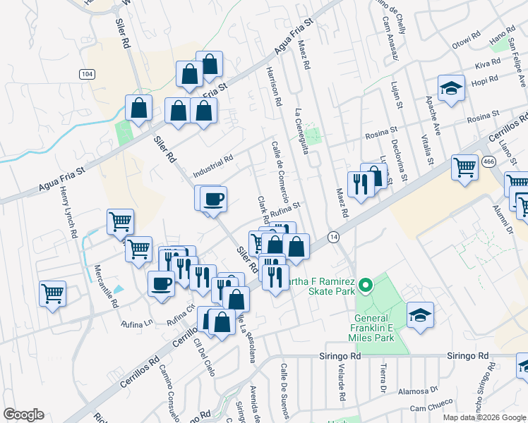 map of restaurants, bars, coffee shops, grocery stores, and more near 2855 Rufina Street in Santa Fe