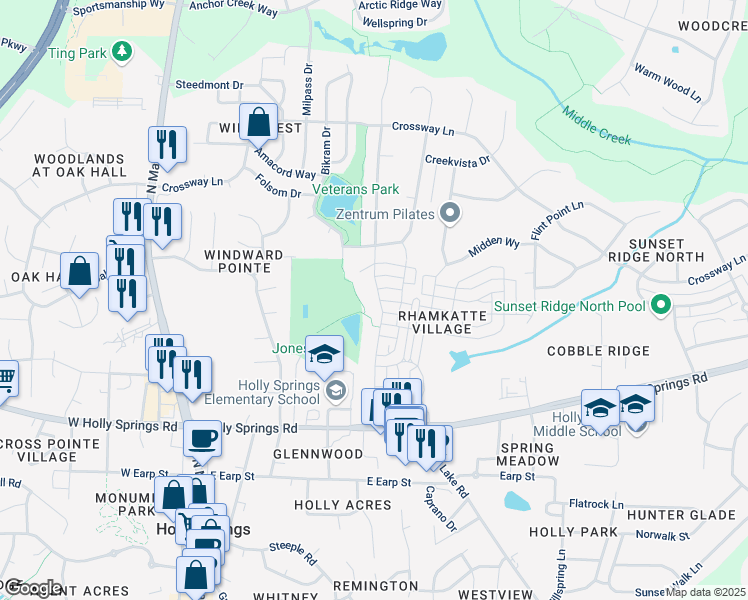 map of restaurants, bars, coffee shops, grocery stores, and more near 500 Skymont Drive in Holly Springs
