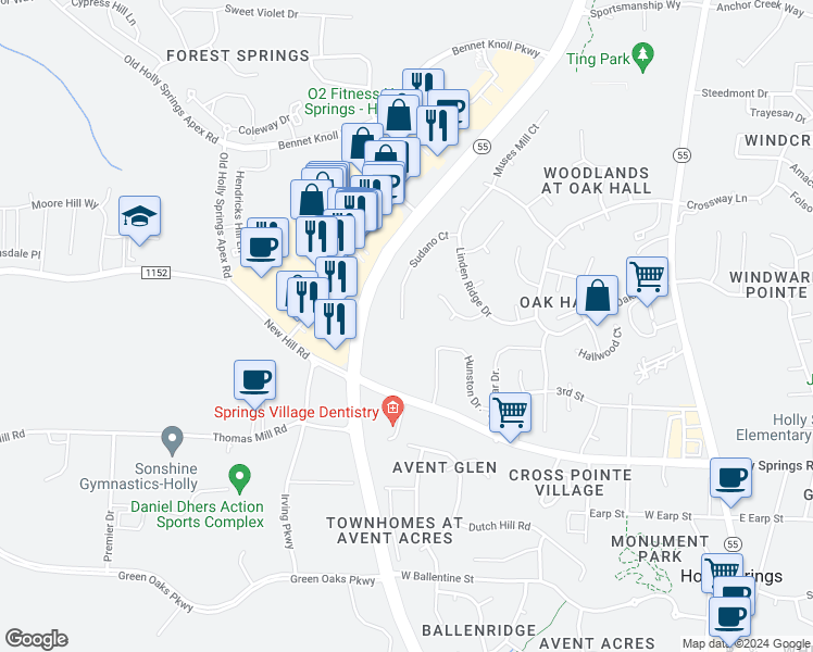 map of restaurants, bars, coffee shops, grocery stores, and more near 161 Sudano Court in Holly Springs
