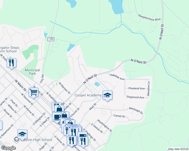 map of restaurants, bars, coffee shops, grocery stores, and more near 702 North O'Neil Street in Clayton
